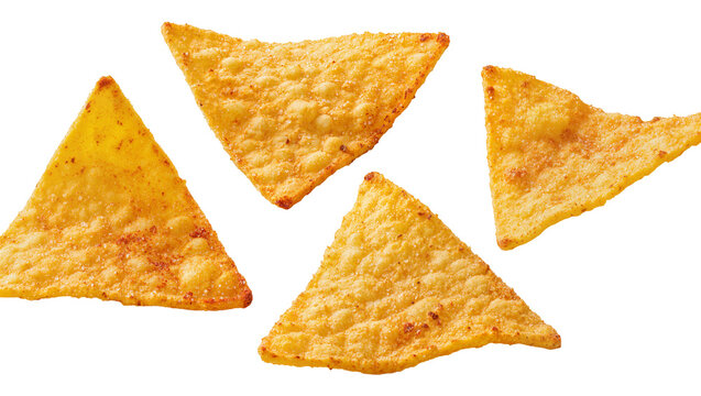 Four golden corn tortilla chips arranged on white