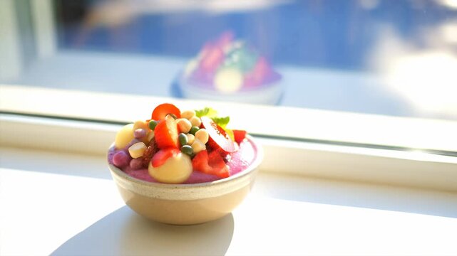 Purple mousse dessert on windowsill through changing daylight