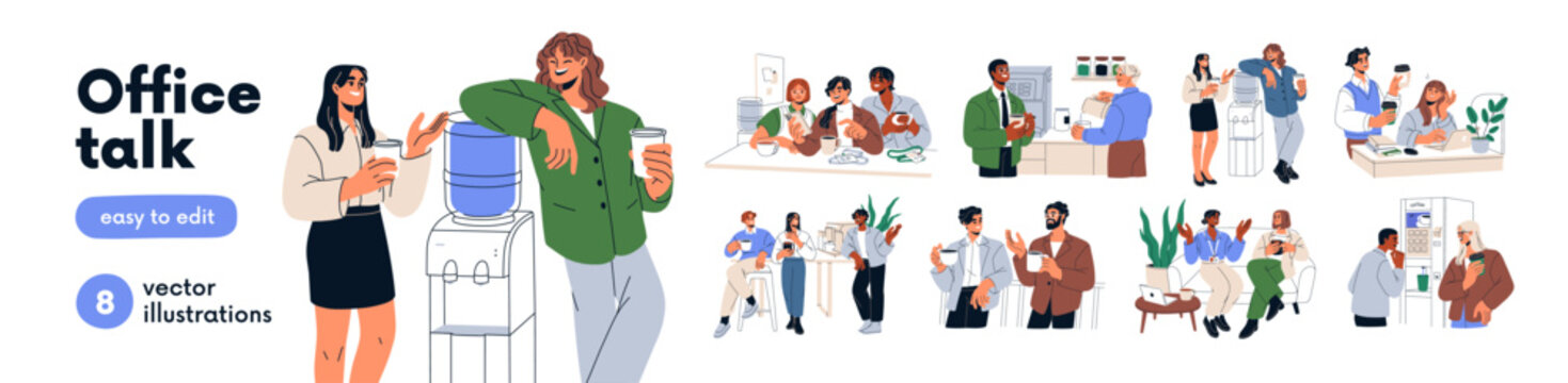 Office talk, cooler chat, coffee break. Informal communication with colleagues set. Friends speaking, gossiping at work. Workplace conversations. Flat vector illustrations isolated on white background