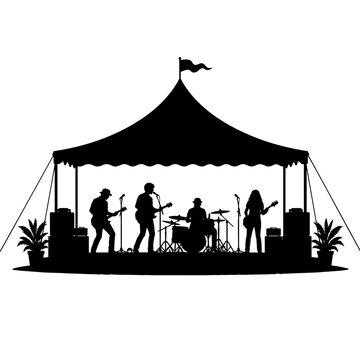 Silhouette of musicians performing on stage under a festival tent  