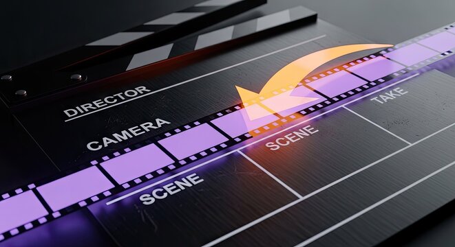 Filmmaking production slate displays cinematic  strip and editing concept