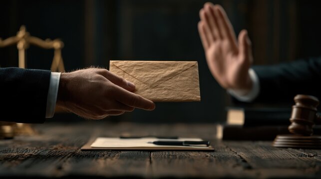 A person refuses a bribe envelope during a legal proceeding, symbolized by a raised hand and a judge's gavel in a courtroom setting.
