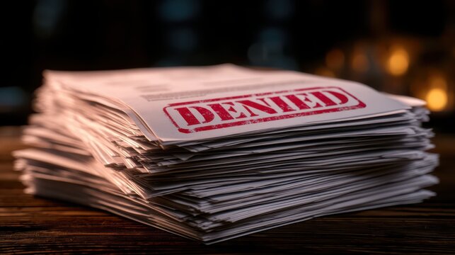 A stack of papers with a prominent red "DENIED" stamp lies on a wooden surface, symbolizing rejection or refusal.