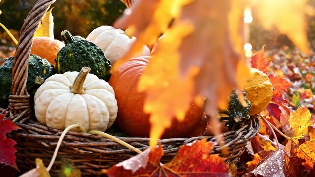 Autumn pumpkins and gourds in basket with colorful fall leaves