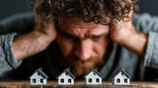 A stressed man holding his head behind four small model houses, symbolizing financial pressure or housing concerns.