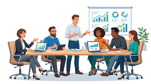Illustration of a diverse business team collaborating around a conference table with laptops and a projector screen displaying graphs.