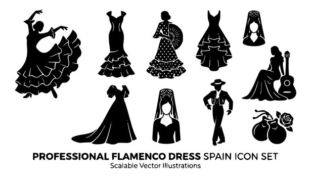 Spanish Flamenco Dress Black Silhouette Icon Traditional Spain Costume Vector