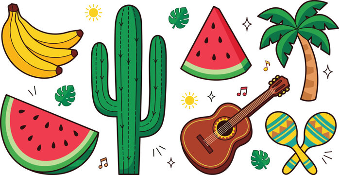 Tropical summer fiesta element set. Tall green saguaro cactus, acoustic guitar, maracas, watermelon slices, bunch of bananas, palm tree and monstera leaves.