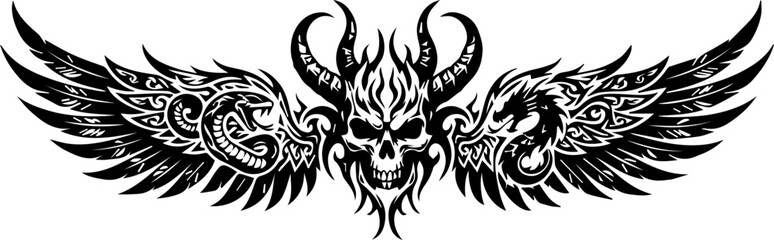 Fototapeta premium Tribal skull with horns and dragon wings tattoo design isolated on white background vector illustration