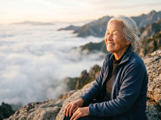 Fototapeta premium Elderly Woman Sitting Above Clouds