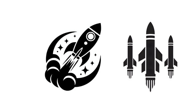 Retro Rocket Launch Illustration with Smoke Trail and Spacecrafts in Minimalist Style