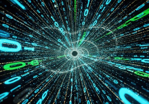 Digital binary code tunnel with glowing blue and green streaming numbers in cyberspace streaming cyberspace