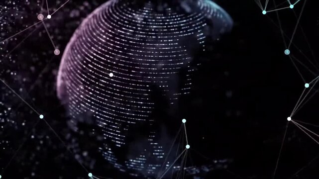 Digital Globe Rotating with Plexus Network Connection Lines, Futuristic Cyber Technology Planet Earth Loop, Abstract Global Data Science Communication Background