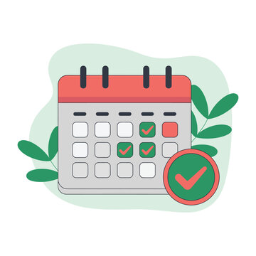Monthly calendar with checked dates and completion stamp, calendar