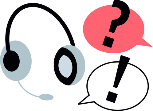 A cartoon illustration of a headset with a microphone, next to two speech bubbles. One bubble contains a question mark, and the other contains an exclamation mark.