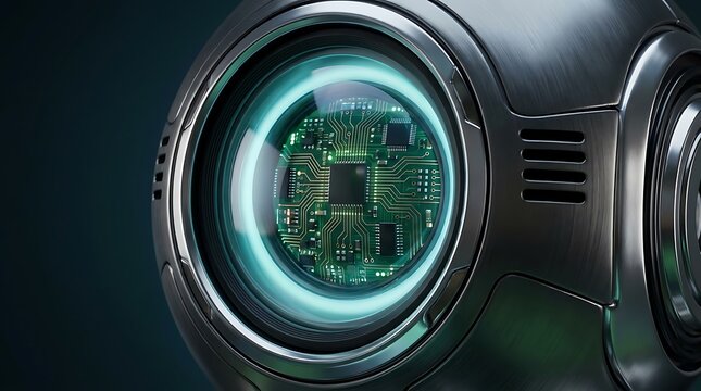 Close up of a robotic eye reflecting a circuit board.