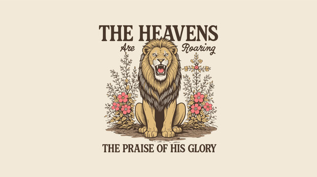 Majestic vintage lion roaring with wildflowers and religious biblical text, retro engraving graphic illustration for Christian apparel and t-shirt design