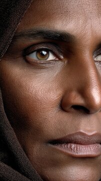 Close portrait of a dark-skinned woman with natural hair, soft light, and direct eye contact depicting cultural authenticity and realism in a clean composition setting
