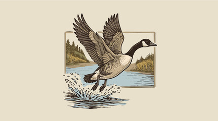 Vintage wild Canada goose taking flight from a lake with water splash and forest background, retro graphic illustration for outdoor hunting apparel © Rizky Fadel