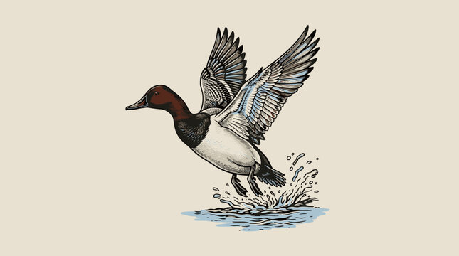 Vintage wild duck taking flight from water with splash, detailed engraving style graphic illustration for hunting lodge branding and t-shirt design