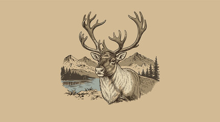 Majestic vintage reindeer with large antlers in mountain landscape, retro graphic illustration for t-shirt design and outdoor branding © Rizky Fadel