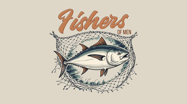 Vintage Christian Fishers of Men typography with tuna caught in fishing net, retro hand-drawn graphic illustration for t-shirt design and apparel.