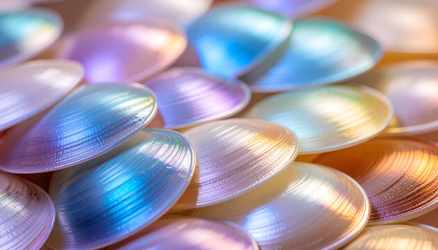 A vibrant close-up showcases a collection of iridescent seashells, reflecting a spectrum of colorful light.