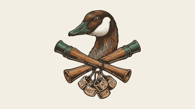 Vintage Canada goose emblem with crossed wooden goose calls and leg bands, retro hand-drawn illustration for hunting apparel and outdoor branding.
