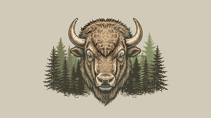 Rugged vintage bison head with pine forest background, woodcut graphic illustration for outdoor apparel branding and mascot logo design © Rizky Fadel