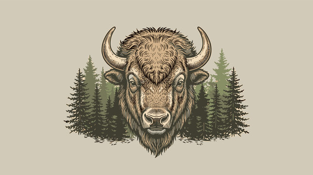 Rugged vintage bison head with pine forest background, woodcut graphic illustration for outdoor apparel branding and mascot logo design