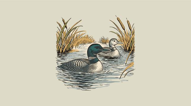 Vintage common loons swimming in a lake with cattails, retro graphic illustration for outdoor apparel and cabin lodge branding