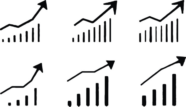 Set of hand drawn growing bar charts with trend arrows