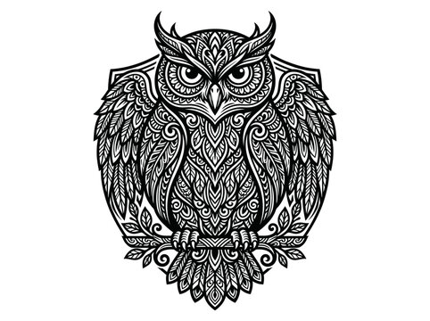 Intricate zentangle owl bird line art illustration.