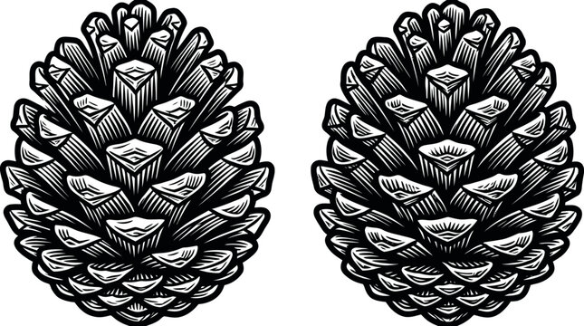 Pair of textured pinecone line art elements.