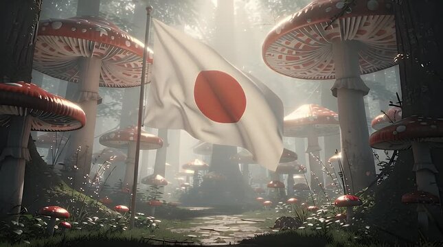 Main subjecting scene with Japanese flag waving in a forest of giant mushrooms