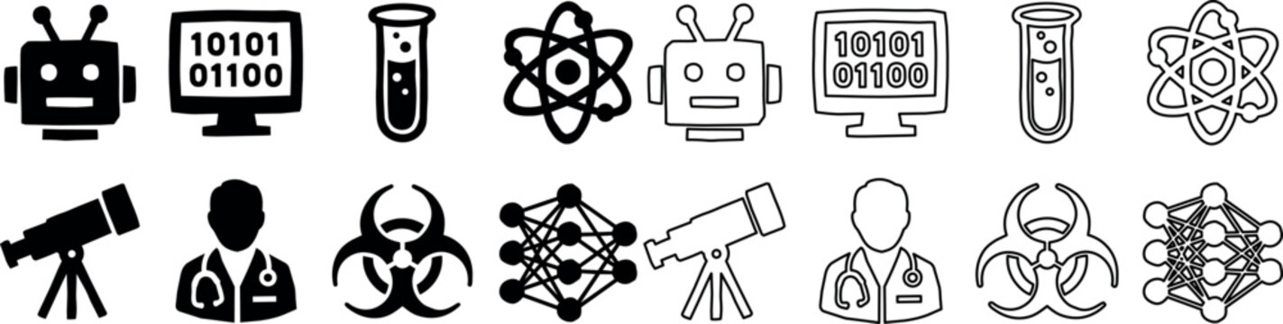 Set of science and technology icons including robot, computer screen with binary code, test tube, atom model, telescope, doctor silhouette, biohazard symbol, and neural network