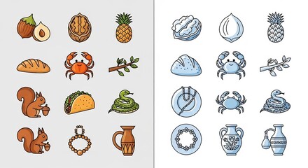Fototapeta premium Diverse food and animal icon set vector collection