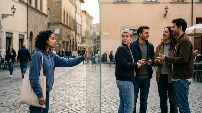 Woman reaching hand to glass wall separating her from a group of friends. Social exclusion and isolation concept. Sad female character feeling lonely in urban city street setting.