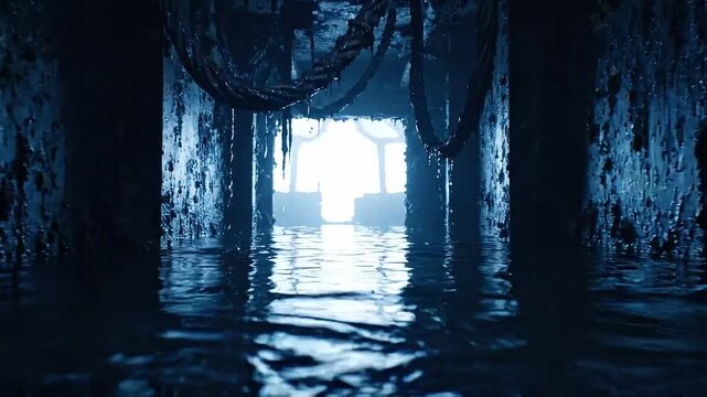 Flooded underground corridor with dripping walls, hanging roots, and bright opening ahead, blue reflections shimmering across still water in dark cavern tunnel, eerie passage receding into darkness.