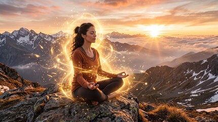 Obraz premium woman meditating in the mountains