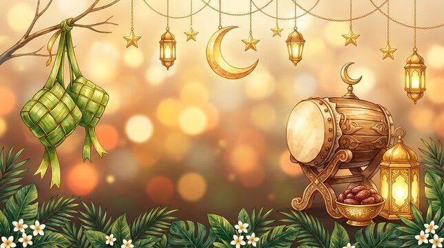 Ramadan kareem background with ketupat, bedug drum, lanterns, and crescent moon