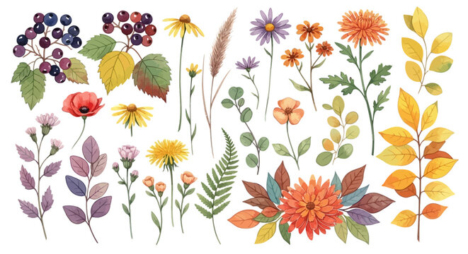 Watercolor autumn floral collection, hand painted fall flowers and botanical leaves set, rustic orange and yellow garden elements for seasonal wedding decor