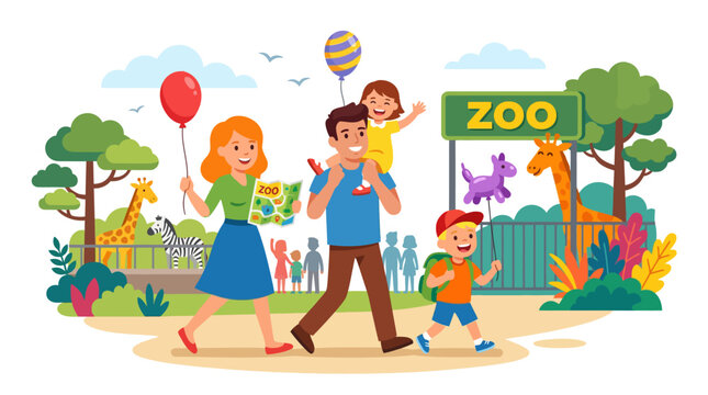 Happy Family Visiting Zoo Entrance With Animals and Map