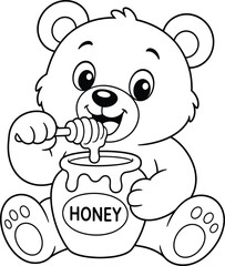 Obraz premium Coloring page of a bear enjoying honey from a book