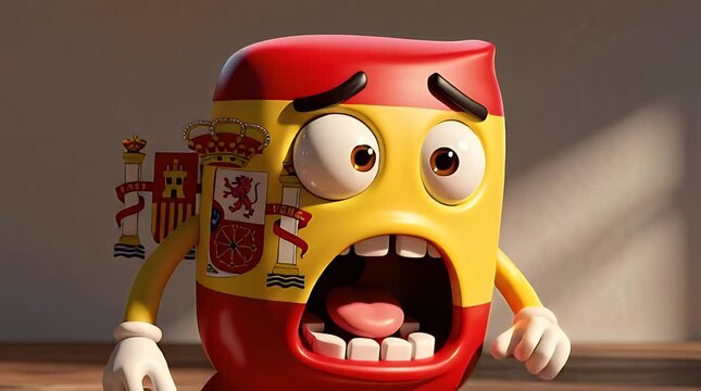 Animated Spanish Flag Character Showing Shock in Indoor Room
