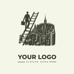 Obraz premium Success and career growth businessman climbing ladder city skyline vector logo illustration
