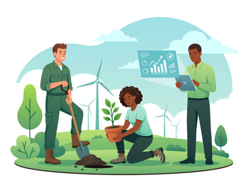 Diverse team planting a tree and analyzing environmental statistics on a tablet. Eco conservation concept with wind turbines, sapling, and digital data dashboard. Flat vector illustration.