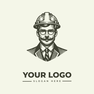 Vintage professional engineer man wearing hard hat vector logo illustration