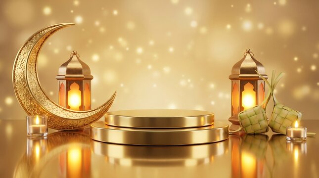 3d podium for product display with golden crescent moon, lanterns and ketupat