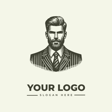 Vintage gentleman with beard and pompadour hairstyle vector logo illustration